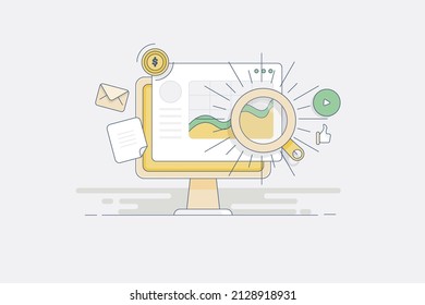 Digital Marketing Report, Analysis Of Marketing Campaign, Data Analytics Creative Concept - Line Vector Illustration With Icons