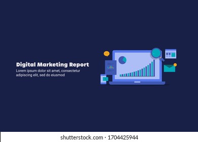 Digital marketing report, Analytics dashboard, Digital data analysis - conceptual flat design vector background with icons and texts