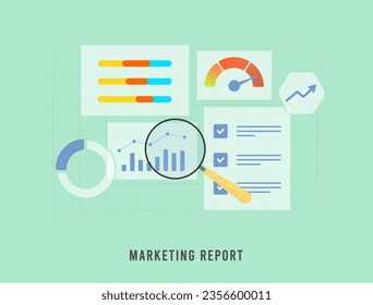 Digital Marketing Report - Analyzing Data, SEO and Business Finance. Marketing report vector illustration isolated on green background with icons