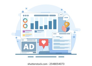 Conceito de relatório de marketing digital, análise de marketing de site, análise de dados de publicidade de mídia social, auditoria de SEO, análise de conteúdo, auditoria de site on-line e análise de dados, ilustração de vetor plano.