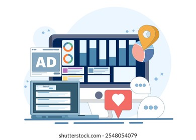 Digital marketing report concept, website marketing analysis, social media advertising data analysis, SEO audit, content analysis, online website audit and data analysis, flat vector illustration.