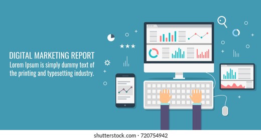 Digital marketing report, data analysis, seo audit flat vector concept banner