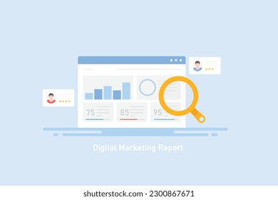 Informe de marketing digital, tablero de mandos de software de marketing que muestra datos, análisis de sitios web - ilustración vectorial de diseño plano con iconos