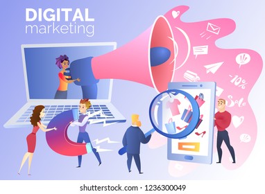 Digital Marketing Research Cartoon Vector Concept with Young Female and Male People Characters Working Together to Advertise Goods Online Illustration. Internet Business, Online Promotion, Context Ad