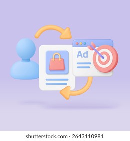Digital marketing retargeting process with user profile, shopping ad, and target symbol on purple background for online advertising strategy isolated vector illustration