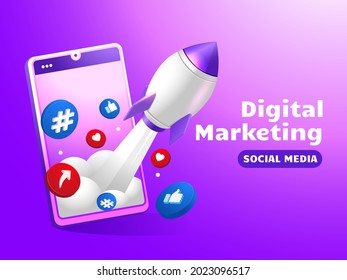 Digital marketing rocket boost social media with smartphone