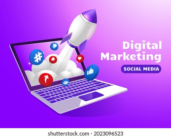 Digital Marketing Rocket Boost Social Media With Laptop