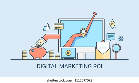 Digital marketing ROI - Online Business Profit - Return On Investment - Flat line conceptual vector illustration on blue background