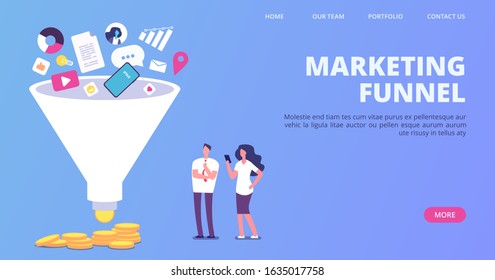 Digital marketing sales funnel. Vector funnel generating sales landing page