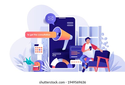 Escenario de marketing digital. Marketer con un megáfono enorme promueve el producto o el servicio. Comunicación comercial, atrayendo el concepto de nuevos clientes. Ilustración vectorial de personajes de diseño plano