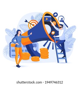 Digital marketing scene. Team with huge megaphone. Promotion of business project, communication with customers, attracting new clients concept. Vector illustration of people characters in flat design