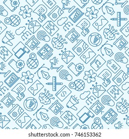 Digital marketing seamless pattern with thin line icons: searching idea, development, optimization, management, communication. Vector illustration for banner, web page, print media.