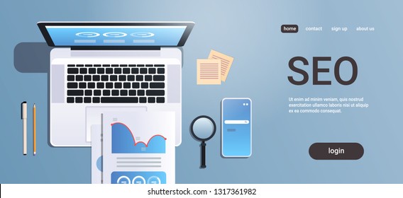 digital marketing search engine optimization seo concept top angle view workplace desktop with laptop smartphone screen analysis data office stuff horizontal copy space
