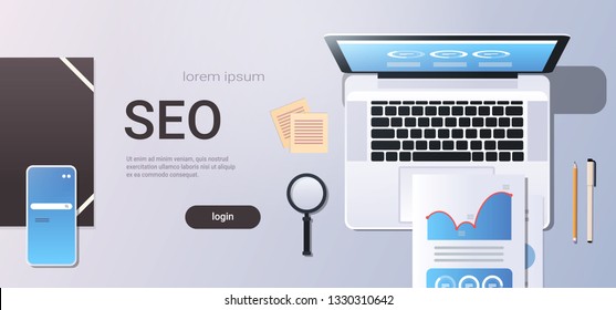 digital marketing search engine optimization seo concept top angle view workplace desktop with laptop smartphone screen analysis data office stuff horizontal copy space