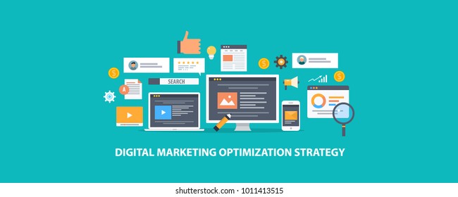 Digital marketing, Search optimization strategy flat style vector concept on green background