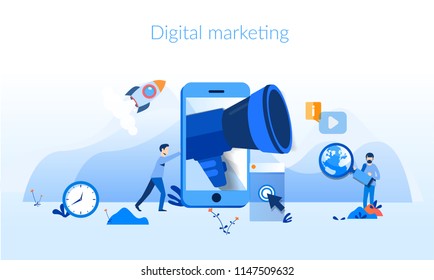 Digital marketing, SEM and promotion Concept for web page, banner, presentation, social media, documents, cards, posters. Vector illustration Social network and media communication. SEO