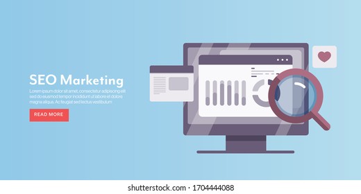 Digital marketing, SEO marketing, SEO analytics dashboard, Marketing app, software - conceptual vector illustration banner