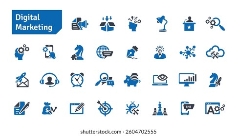 Digital Marketing and SEO Blue Icons Set. Social Media, Communication, Technology, Advertising, Ecommerce, Cyberspace, Target Audience, Website Icons Vector Illustration