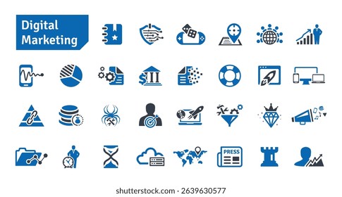 Digital Marketing and SEO Blue Icons Set. Social Media, Communication, Technology, Advertising, Ecommerce, Cyberspace, Target Audience, Website Icons Vector Illustration