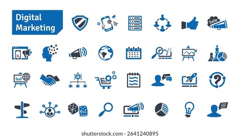 Digital Marketing and SEO Blue Icons Set. Social Media, Communication, Technology, Advertising, Ecommerce, Cyberspace, Target Audience, Website Icons Vector Illustration