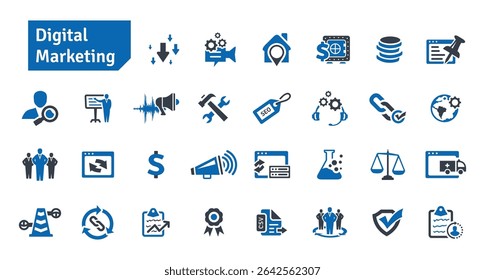 Digital Marketing and SEO Blue Icons Set. Social Media, Communication, Technology, Advertising, Ecommerce, Cyberspace, Target Audience, Website Icons Vector Illustration