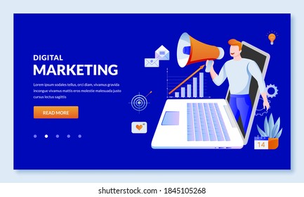 Digital marketing and SEO business technology concept. Vector illustration. Website management and social media advertising strategy. Web landing page, banner, presentation design template