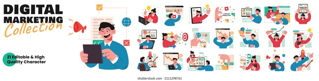 Digital Marketing SEO character illustration. Mega collection of men and women take part in digital marketing and SEO . Vector Character Illustration