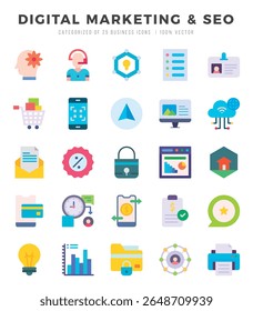 Coleção de ícones plano de MARKETING DIGITAL e SEO. Pacote de ícones planos. Ilustração vetorial