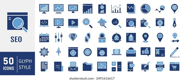 Digital marketing and SEO glyph icons set. Marketing and Search Engine Optimization flat icons collection. Website, search, mail, analysis, content, strategy, development, store - stock vector.