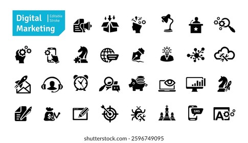 Digital Marketing and SEO Icons Set. Social Media, Communication, Technology, Advertising, Ecommerce, Cyberspace, Target Audience, Website Icons Editable Stroke Vector Illustration