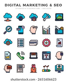Digital Marketing and SEO icons set. Collection of simple Lineal Color web icons.