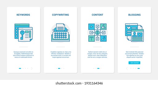 Métodos de búsqueda de marketing digital ilustración vectorial. UX, UI onboarding página de aplicación móvil con teclado de línea, copywriter para contenido de blogs de negocios, palabra clave para comercio blogs tecnología