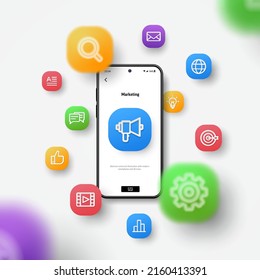 Marketing digital, SEO, análisis de redes, medios sociales y concepto de negocios en línea. Mofa de smartphone realista, iconos 3d sobrevolando la pantalla. Desarrollo de aplicaciones, contexto de diseño ui. Vector