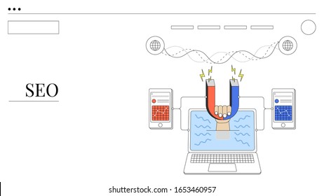 Digital marketing and seo optimization scene. Light outline drawing style. Isolated illustration for your design, infographic, landing page or app designing.