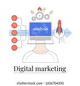 Digitale Marketing- und Seo-Optimierungsszene. Zeichnen mit heller Umrisslinie. Einzige Illustration für Ihr Design, Ihre Infografik, Ihre Zielseite oder Ihr App-Design.