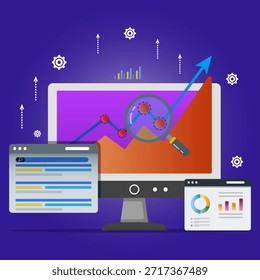 Concepto de análisis de rendimiento de SEO y marketing digital con panel de análisis, gráficos de crecimiento, lupa e informes de datos que muestran el tráfico de Sitios web, la clasificación, la optimización y las perspectivas de crecimiento del negocio