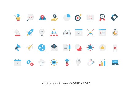 Digital marketing, SEO research and business solution, social media and blog content color icon set. Email and newsletter, chat with customers and likes, sales funnel flat vector illustration