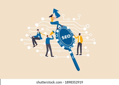 Digital marketing, SEO, Search Engine Optimization or Social media to engage online user concept, young people, advertising agency worker working on internet and digital line with SEO magnifying glass