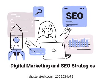 Digital marketing SEO strategies concept featuring a person with a laptop pointing at graphs rocket icons. Minimalist doodle style