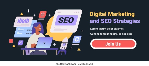 Digital marketing SEO strategies concept illustration showing a person working on a laptop surrounded by SEO icons charts and a rocket on a dark background