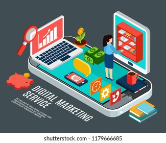 Digital marketing service isometric concept with various electronic devices and woman at work on grey background 3d vector illustration