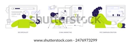 Digital marketing services abstract concept vector illustration set. SEO specialist, E-mail marketing, PPC campaign creation, context ads, digital marketing, advertising agency abstract metaphor.