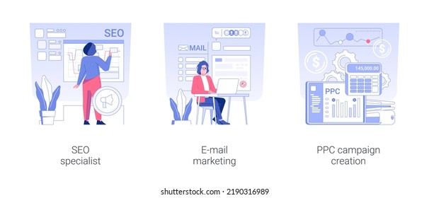 Digital marketing services isolated concept vector illustration set. SEO specialist, E-mail marketing, PPC campaign creation, context ads, digital marketing, advertising agency vector cartoon.