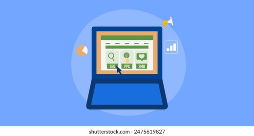 Digitale Marketingdienstleistungen. Digitale Strategieentwicklung, SEO, PPC und Social Media, E-Mail-Marketing, Content-Promotion, Verkehrsanalyse - Vektorillustration Hintergrund mit Icons