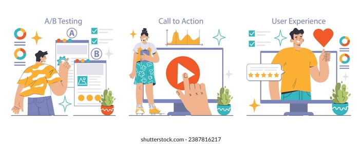 Digital Marketing set. Analyzing A B test results, engaging call-to-action strategies, enhancing user satisfaction. Web page tweaks, touchpoint interaction, customer feedback. Flat vector illustration