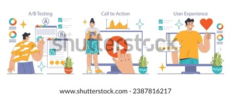 Digital Marketing set. Analyzing A B test results, engaging call-to-action strategies, enhancing user satisfaction. Web page tweaks, touchpoint interaction, customer feedback. Flat vector illustration