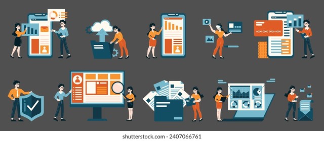 Digital Marketing set. Characters managing data analysis, cybersecurity, and online transactions. Interactive tech engagement and information processing. Flat vector illustration.