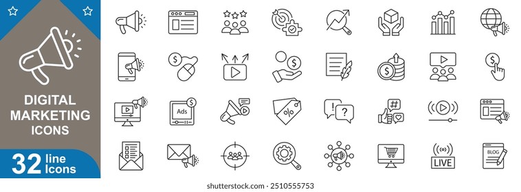 Digital marketing set. Content, marketing, email, ecommerce, influencer, outreach, SEO, campaigns, advertising and more. vector illustrator.