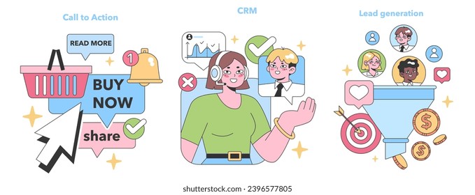 Equipo de marketing digital. Involucrando botones de llamada a la acción, análisis de CRM perspicaz, generación de liderato de equipo diverso. Clic, recursos compartidos y objetivos de conversión. Ilustración vectorial plana.