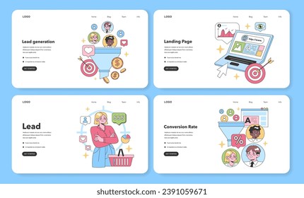 Digital Marketing set. Expert strategies for business growth. Lead generation, Landing Page creation, Salesperson prowess, and Conversion Rate optimization. Flat vector illustration